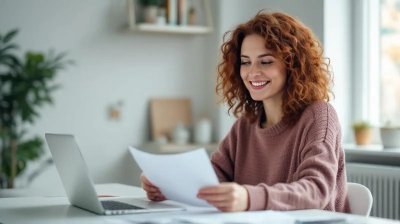 Frau berechnet Foerderbetraege am Tisch in einer hellen Wohnung in Osnabrueck