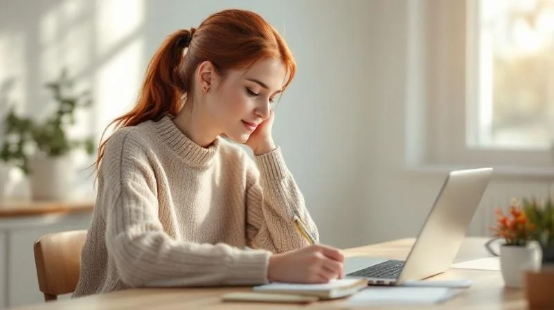 Frau sitzt an einem Schreibtisch in Osnabrueck und plant ihre Weiterbildung