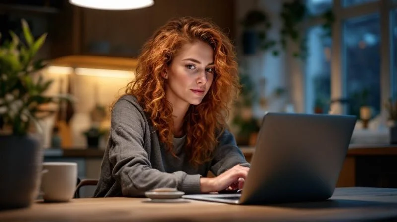 Frau studiert am Abend am Laptop in einer ruhigen Kueche in Osnabrueck