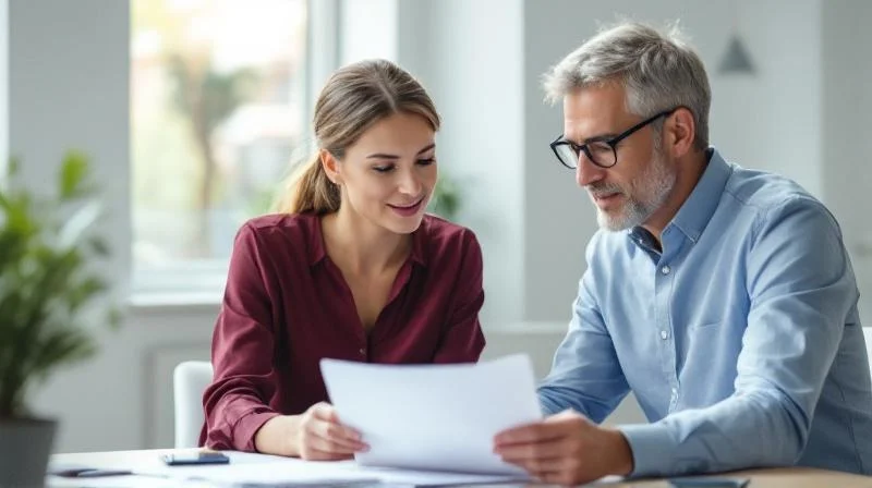 Zwei Kollegen besprechen Unterlagen an einem Schreibtisch in Osnabrueck