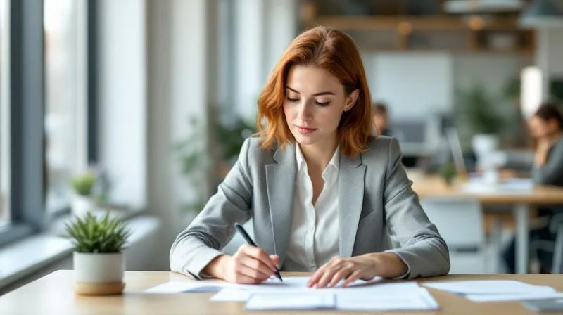 Frau studiert Karriere-Unterlagen an einem Schreibtisch in einem hellen Buero in Osnabrueck