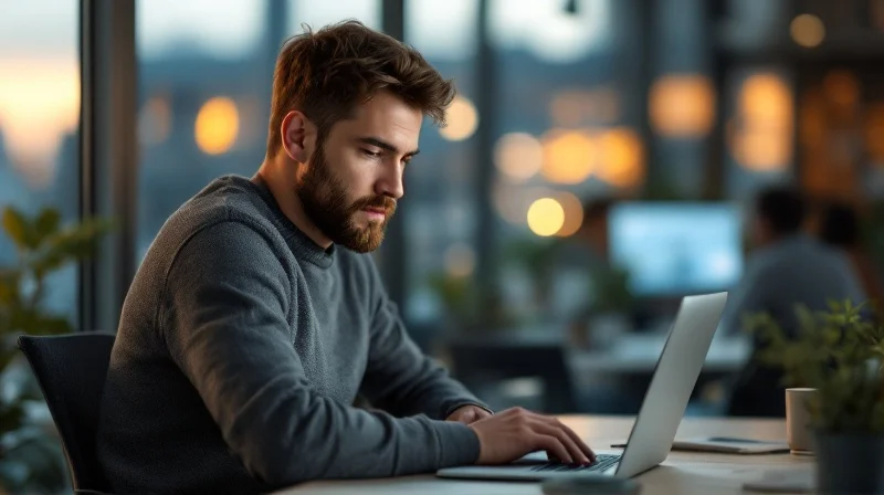 Osnabrücker Angestellter im Coworking-Space am Neumarkt mit Laptop, im Hintergrund Industrie- und Logistikkulisse