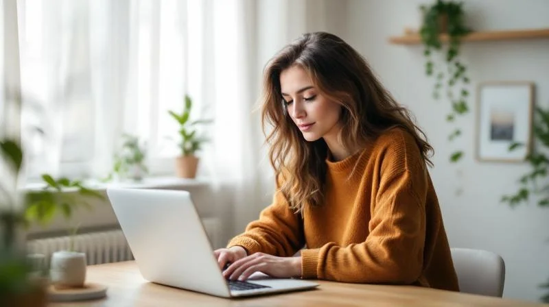 Frau mit Headset arbeitet konzentriert am Laptop in einem hellen Homeoffice in Osnabrueck
