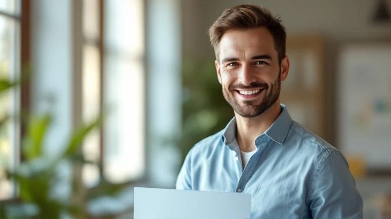 Mann haelt stolz sein IHK-Zeugnis in einem hellen Buero in Osnabrueck