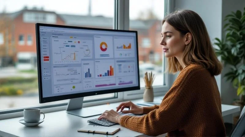 Quereinsteigerin im Homeoffice mit Blick auf Industriegebiet, Datenanalysen am Bildschirm