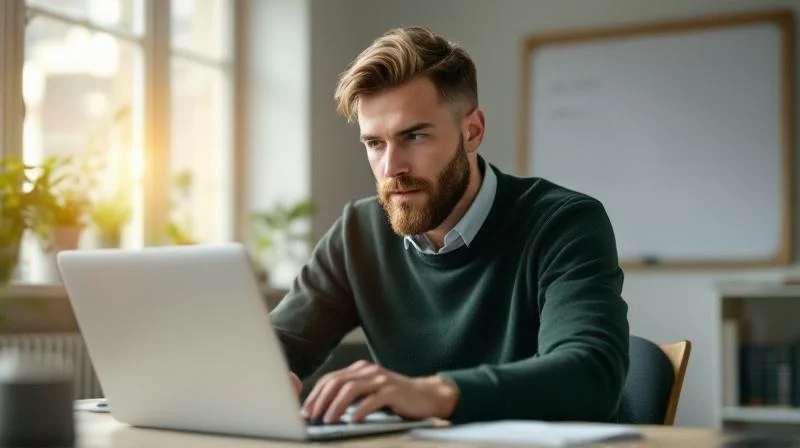Mann arbeitet konzentriert am Laptop in einem hellen Raum in Osnabrueck