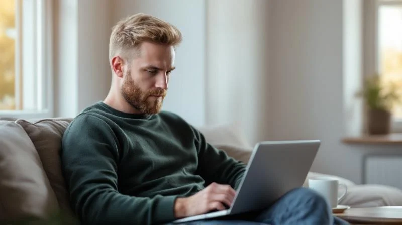 Mann lernt am Laptop in einem hellen Wohnzimmer mit Blick auf Osnabrueck